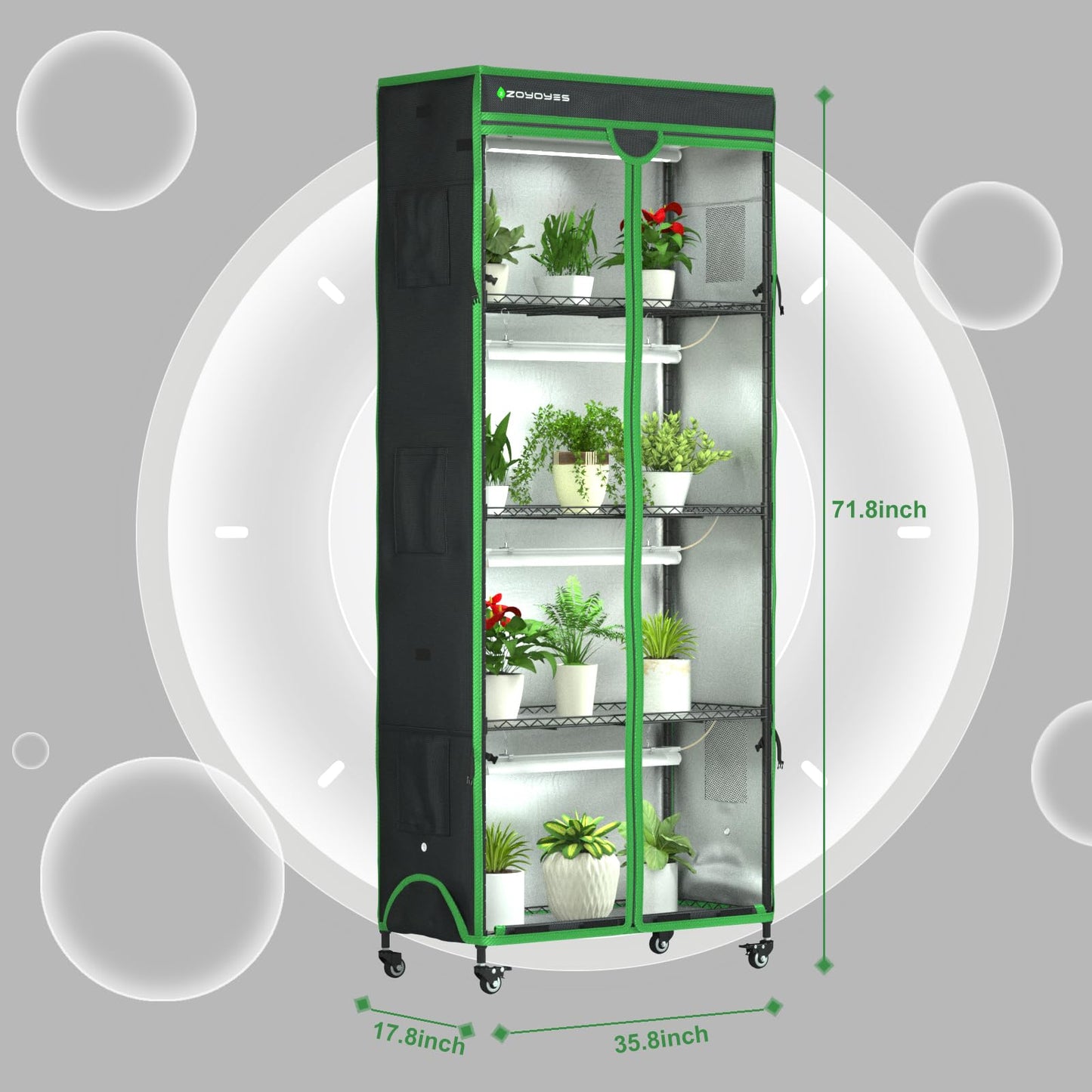 ZOYOYES Indoor Greenhouse with Grow Light,35.8" Lx17.8 Wx71.8 H,5-Layer Plant Shelf with 3-Color T8 Growth Lights,Plant Stand with Smart Timing Plug and thermohygrometer