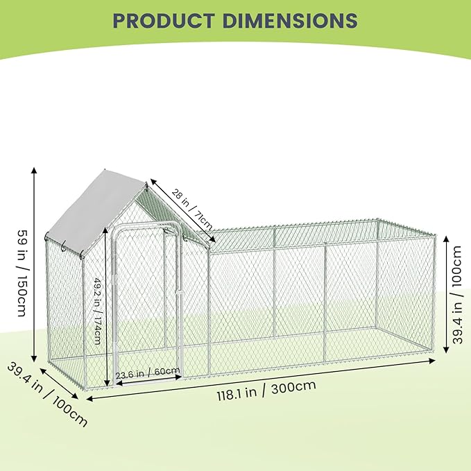 Metal Chicken Coop, Large Chicken Run with Waterproof and Anti-UV Cover, Walk-in Chicken Coop for 6/10 Chickens, Large Chicken Coop Run (9.8'L x 3.3'W x 5'H)