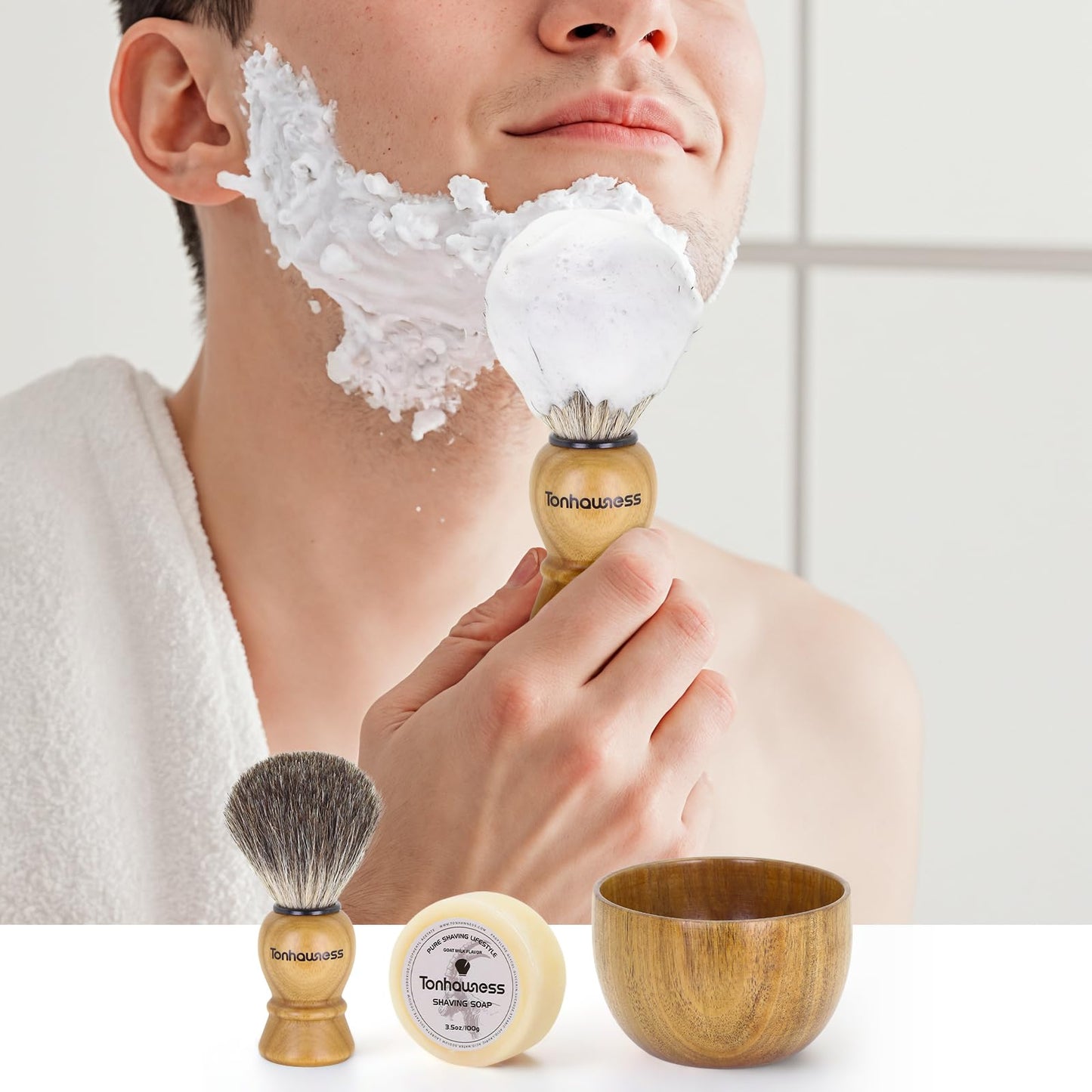 Shaving Brush Kit For Men, 3 In 1 Shaving Brushes Set Includes Badger Hair Shaving Brush, Wood Bowl and Goat Milk Shaving Soap