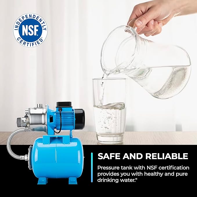 1.5HP Shallow Well Pump with Pressure Tank,1200GPH NSF Certification for Drinking Water Safety,115V,Stainless Steel Irrigation Jet Pump Automatic Booster Pump for Home, Garden, Lawn