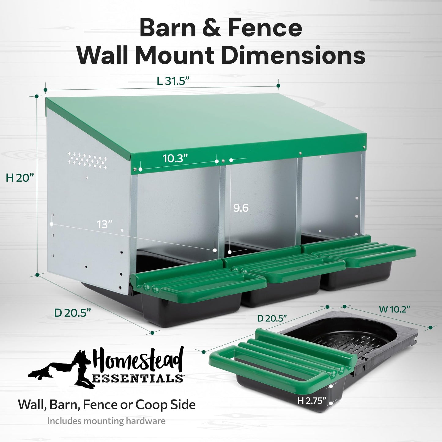 Homestead Essentials Classic Style 3 Compartment, Forward Rollout & Rollaway, Hen & Chicken Nesting Box with Integrated Perch and Protective Egg Laying Collection Lids
