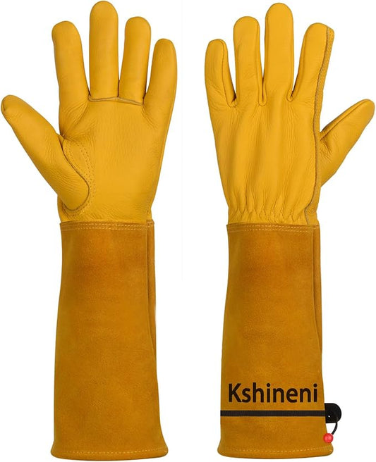 Garden Gloves, Thorn Proof Rose Pruning Gardening Gloves for Men & Women, Long Leather Glove for Weeding, Planting, Digging, Medium Size
