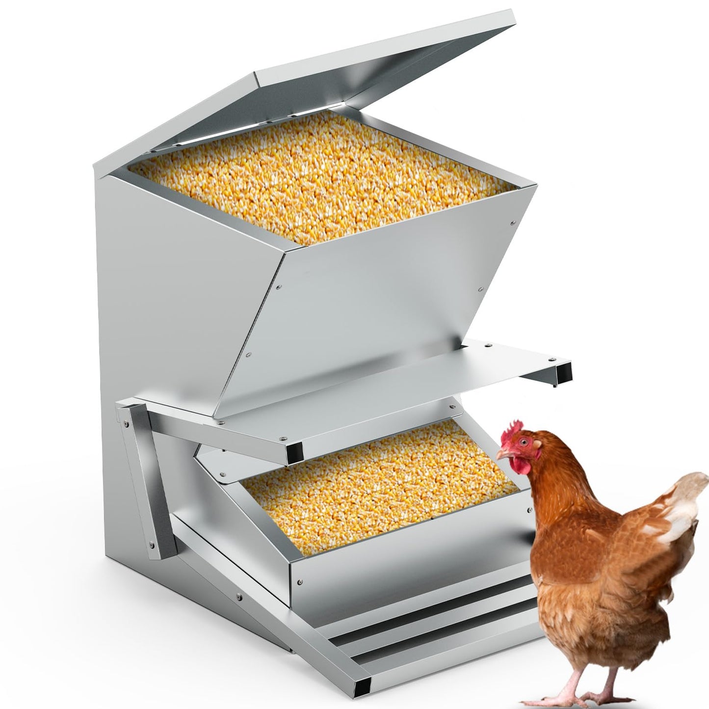 BUYYAH 40lb Automatic Metal Treadle Feeder, Sturdy Galvanized Steel Poultry Feeders, Automatic Chicken Feeder, Suitable for Chicken, Geese, Ducks, Turkeys and Quails