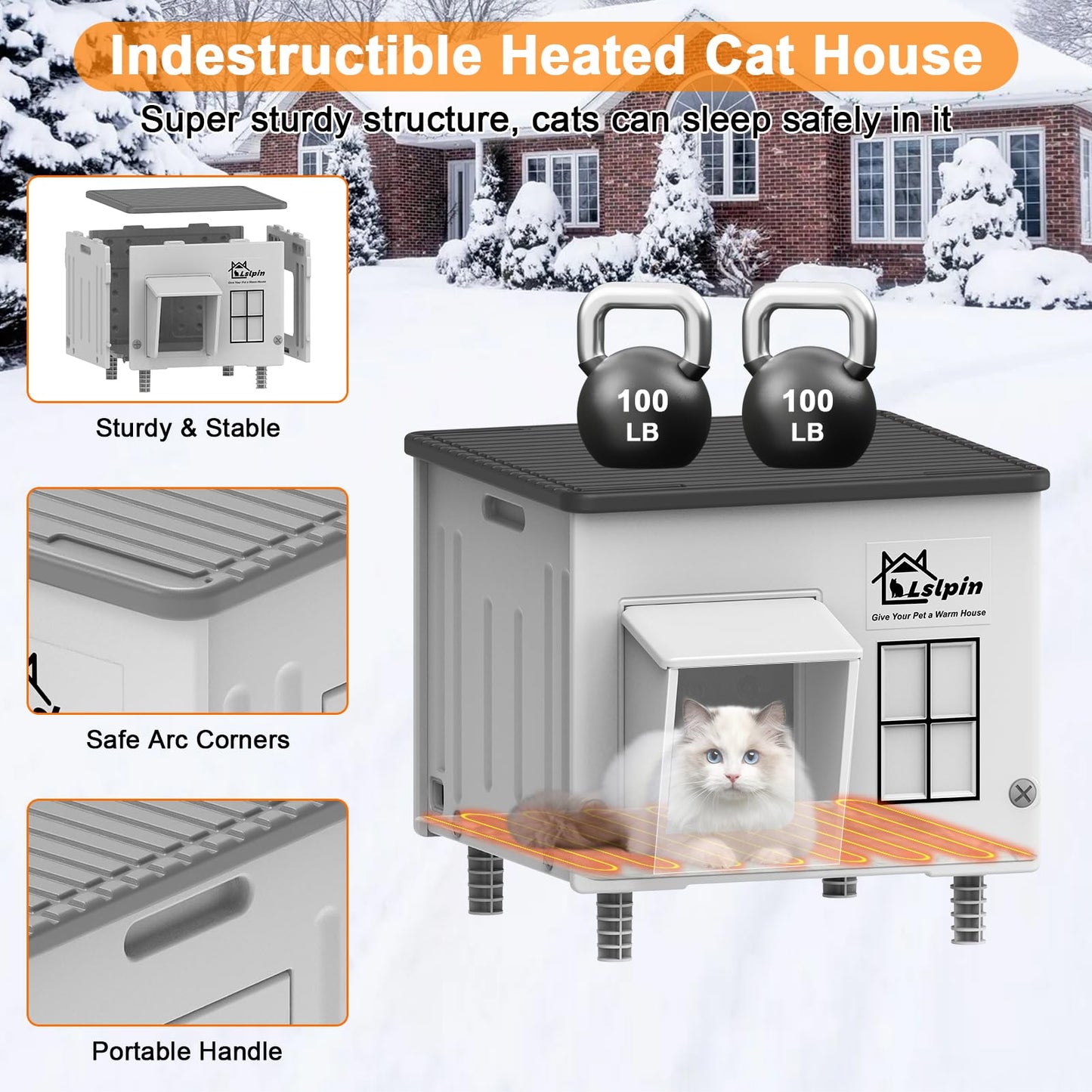 Indestructible Heated Cat House for Outside Cats Winter,Weatherproof & Insulated & Elevated Feral Cat House with Escape Door, Outdoor Indoor Cat Shelter for Stray Barn Cat 17.7×17.7×17.5