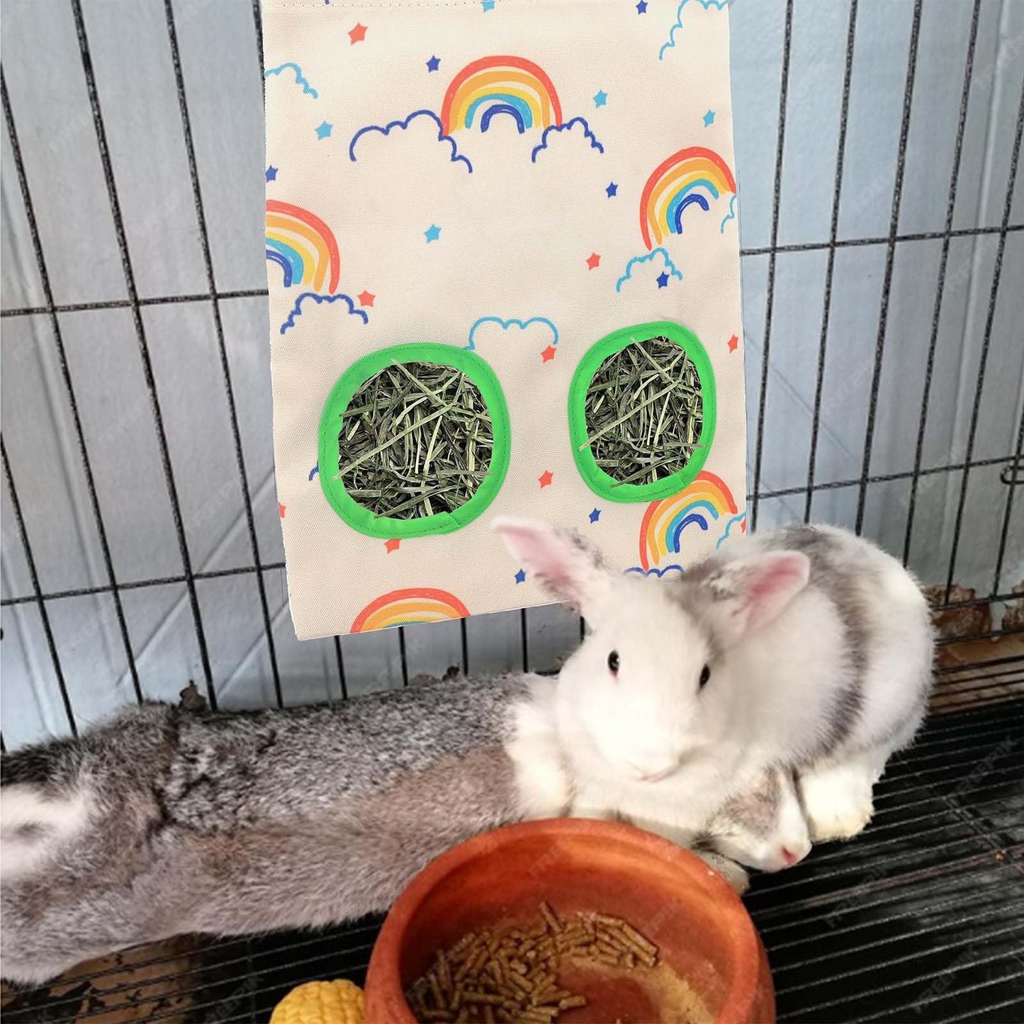 2Pcs Hay Bag for Rabbits - 2 Holes 9×11.5 Inch Colorful Rainbow Guinea Pig Hanging Hay Feeder Bags Washable Bunny Hay Bag Storage Dispenser for Guinea Pig Chinchilla Hamster Bunny Small Animal Pet