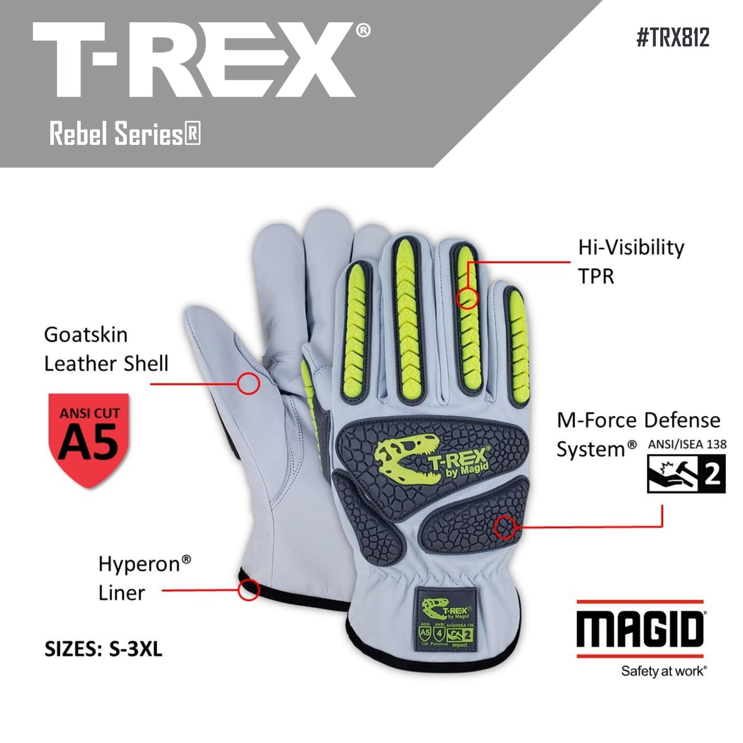 MAGID T-REX Goatskin Leather ANSI A5 Cut-Resistant Impact Gloves, 48 Pair, Size 10/XL, TRX812