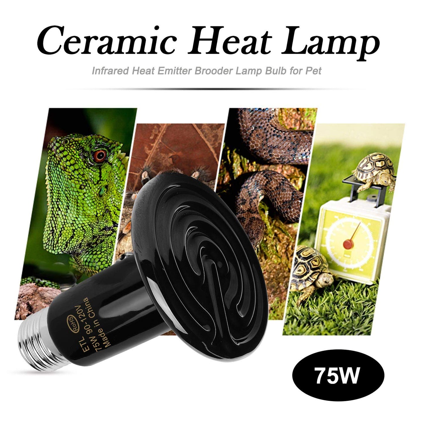 OMAYKEY 2-Pack 75W Ceramic Heat Lamp with 1-pcs Digital-Thermometer, Infrared Heat Emitter Bulbs for Reptiles, Amphibians, Chicken Brooder Coop Lizard Turtle Snake Aquarium, No Light No Harm