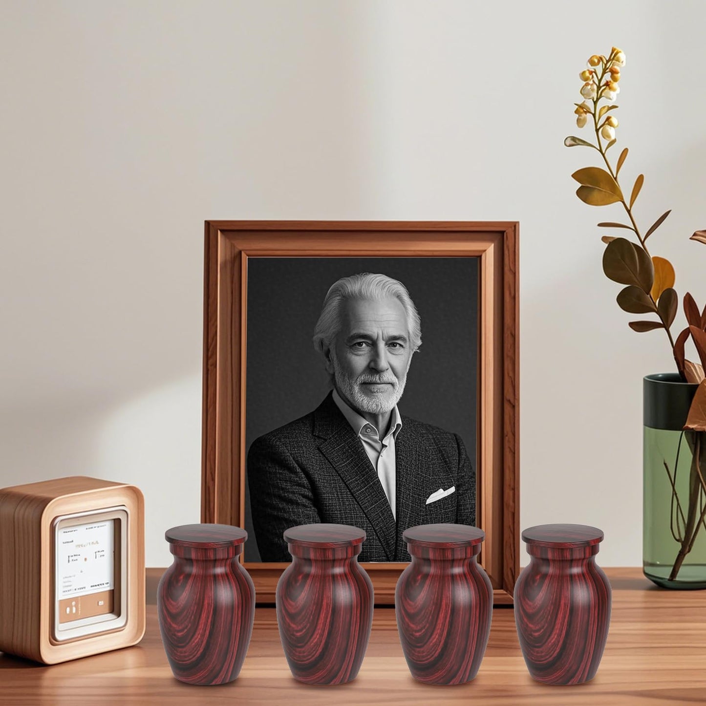 Small Urns for Human Ashes, Red Rosewood Grain Finish Metal Keepsake Mini Urn Set of 4, Handcrafted Sharing Memorial Decorative Urn - Recycled Cast Aluminum