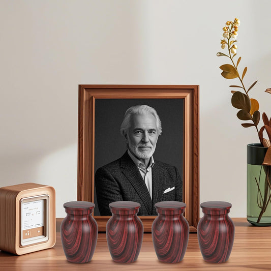 Small Urns for Human Ashes, Red Rosewood Grain Finish Metal Keepsake Mini Urn Set of 4, Handcrafted Sharing Memorial Decorative Urn - Recycled Cast Aluminum