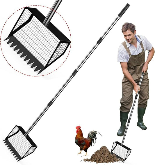 Chicken Coop Rake and Scoop 2-in-1 Chicken Poop Scooper 62" Adjustable Stainless Steel Sifting Shovel for Sand,Animal Waste Heavy Duty Dog Pooper Scooper for Coops & Pets
