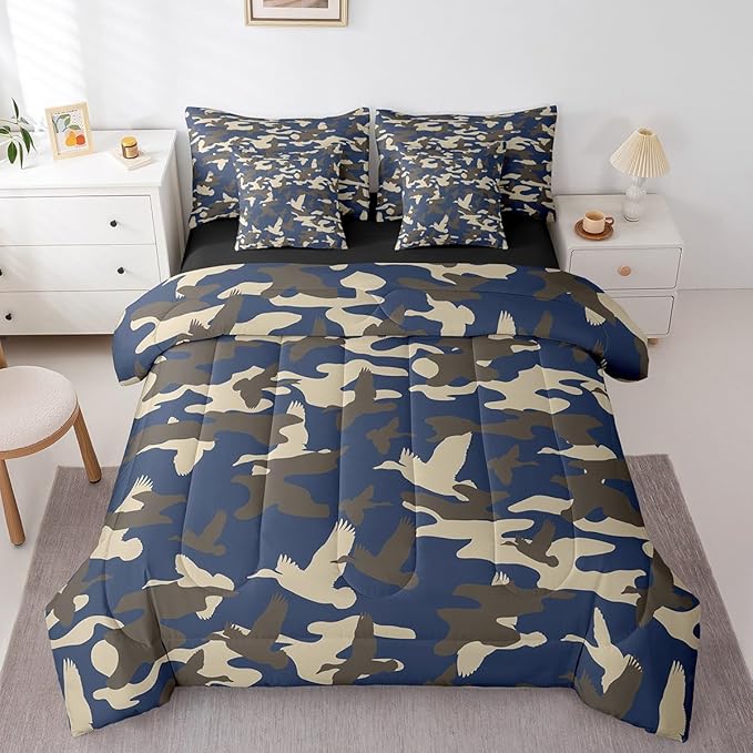 Feelyou Duck Hunter Bed Set Boys Girls Full Size Duck Hunting Theme 7 Pieces Bedding Set for Kids Camo and Duck Bed Set Includes Comforter, Sheet Set, Pillowcases Blue Grey Room Decor
