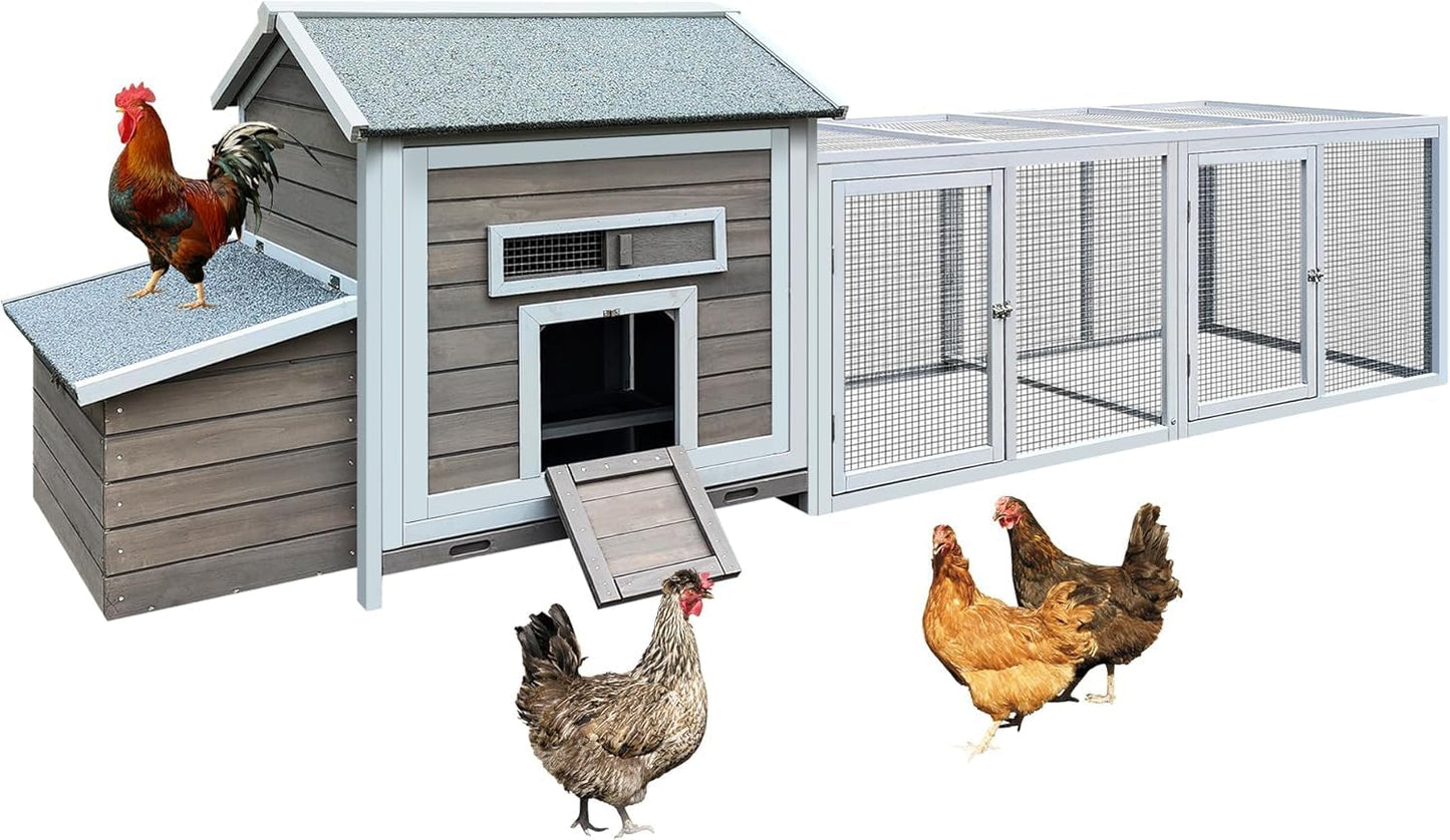 118" Large Chicken Coop with Run & Nesting Box, Outdoor Wooden Poultry House for 2-6 Chickens, UV-Resistant Waterproof Roof, Removable Tray, Sliding Door & Ramp, Rabbit Hutch, Backyard Hen House