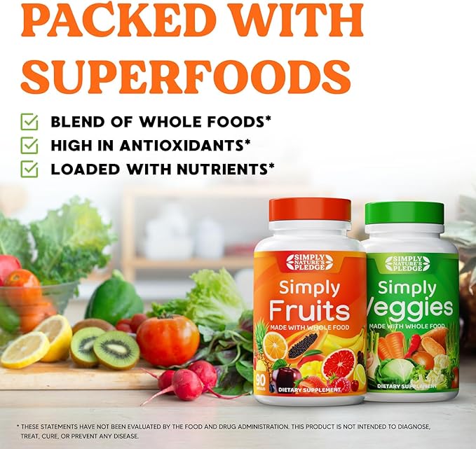 Simply Nature's Pledge - Packed with 42 Different Fruits & Vegetables - 2-Month Supply - Made with Real, Non-GMO Whole Foods - Supports Energy & Overall Wellness - Soy-Free - 360 Capsules