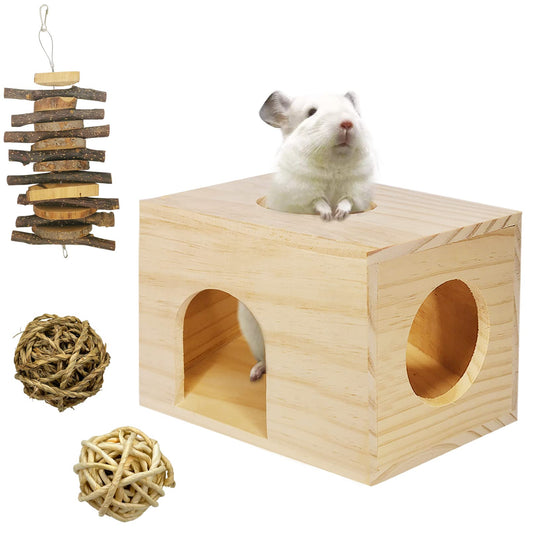 Fhiny Guinea Pigs Wood House Chinchilla Hut Hideout Natural Wood Multiple Doors Small Animal Chewing Molar Activity Toys Hamsters Habitat Cage for Hedgehog Squirrel Sugar Gliders
