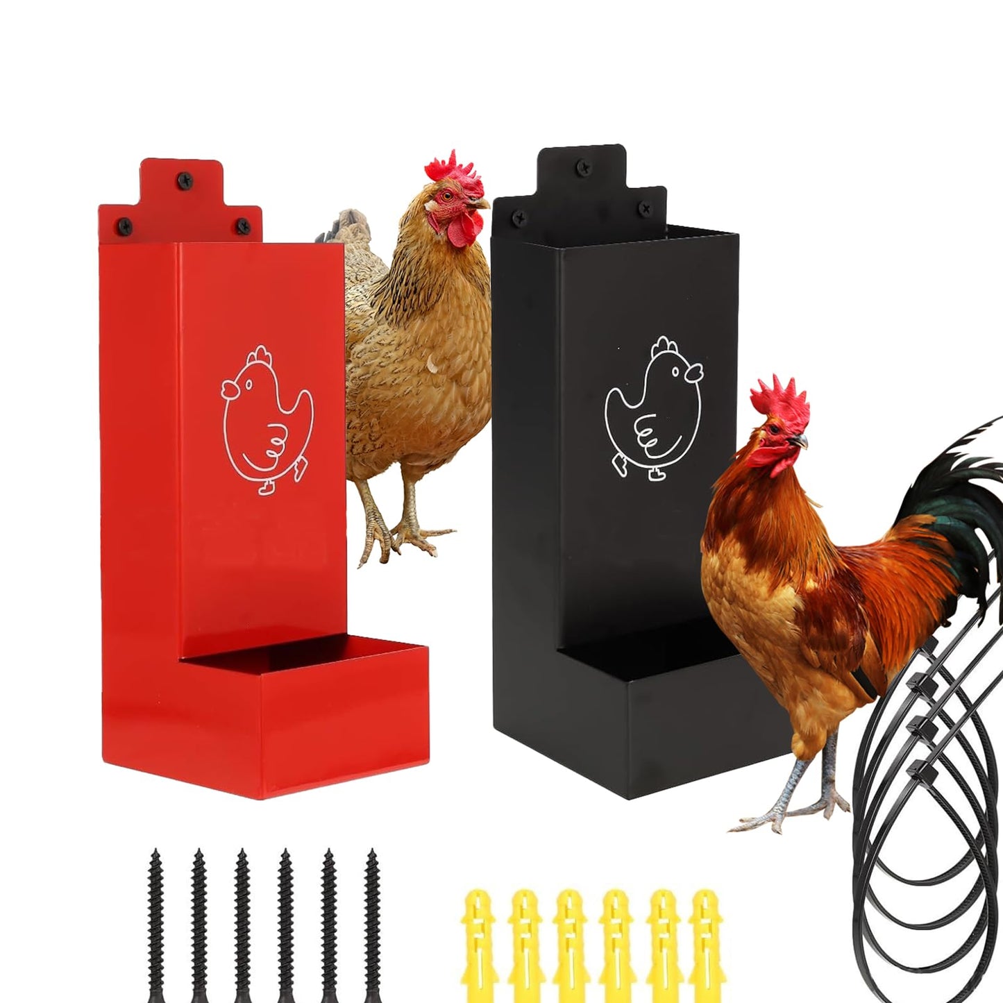 Chicken Gritr and Oyster Shell Feeder Hanging Metal Chicken Feeder for Hens or Chicks Chicken Coop Accessory Gravity-Fed Anti-Waste Design (Red and Black)