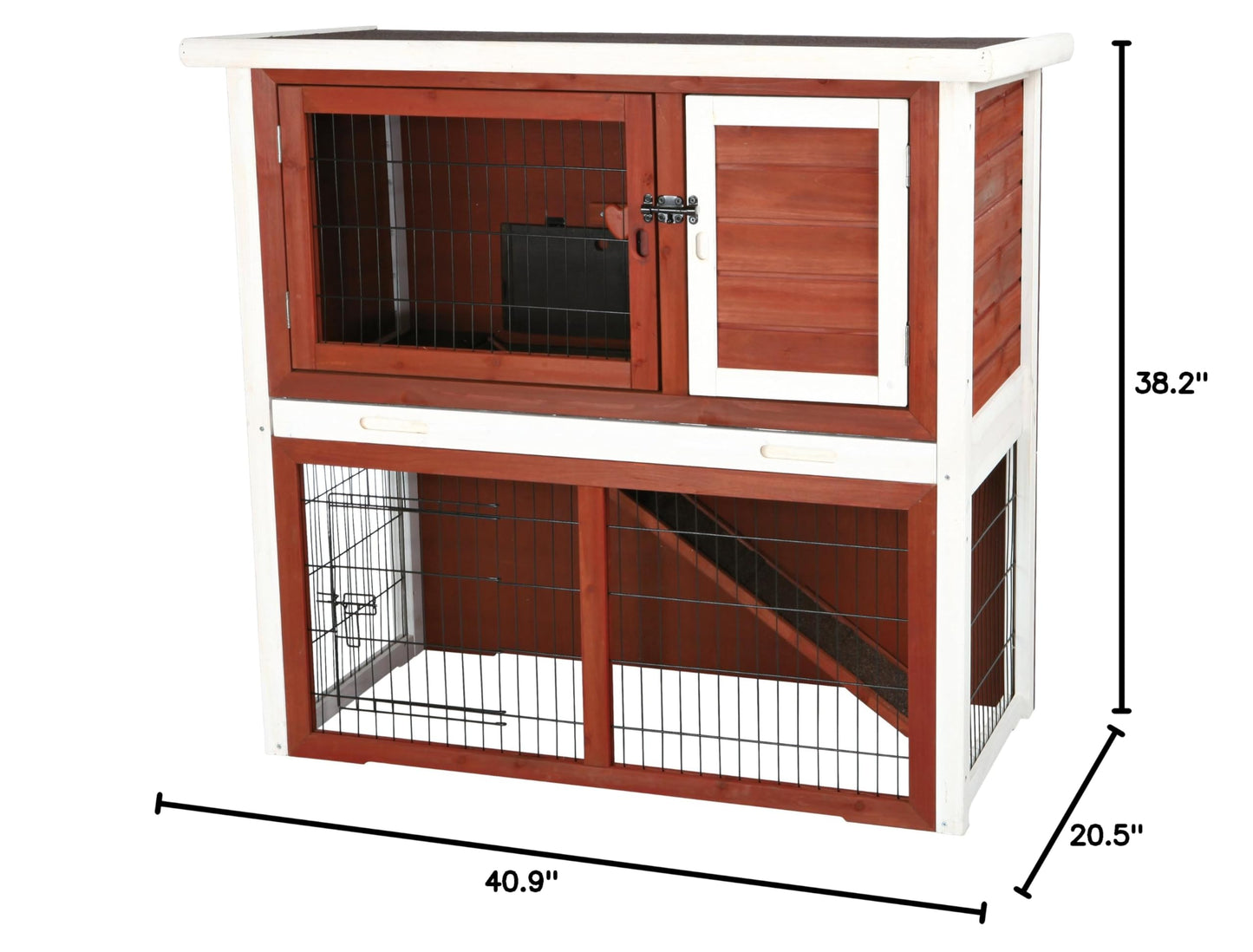 TRIXIE natura Outdoor Rabbit Hutch with Run - 2-Story Rabbit Cage with Non-Slip Ramp - Medium Elevated Small Animal House with Secure Playpen, Hinged Roof & Pull-Out Tray - in Auburn/White