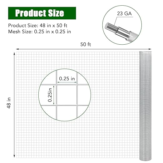 Hardware Cloth 1/4inch 48inx50ft 23 Gauge Chicken Wire Fence Galvanized Steel Mesh Rolled Fencing for Garden Supports Poultry Netting Cage Snake Fence Tree Guard, Silver