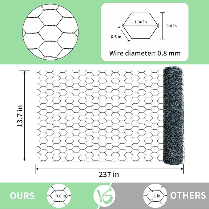 Chicken Wire 13.7 in x 237 in Poultry Wire Netting Hexagonal Galvanized Mesh Garden Fence Barrier for Pet Rabbit Chicken Fencing with 100 Pcs Cable Zip Ties(PVC-Coated)