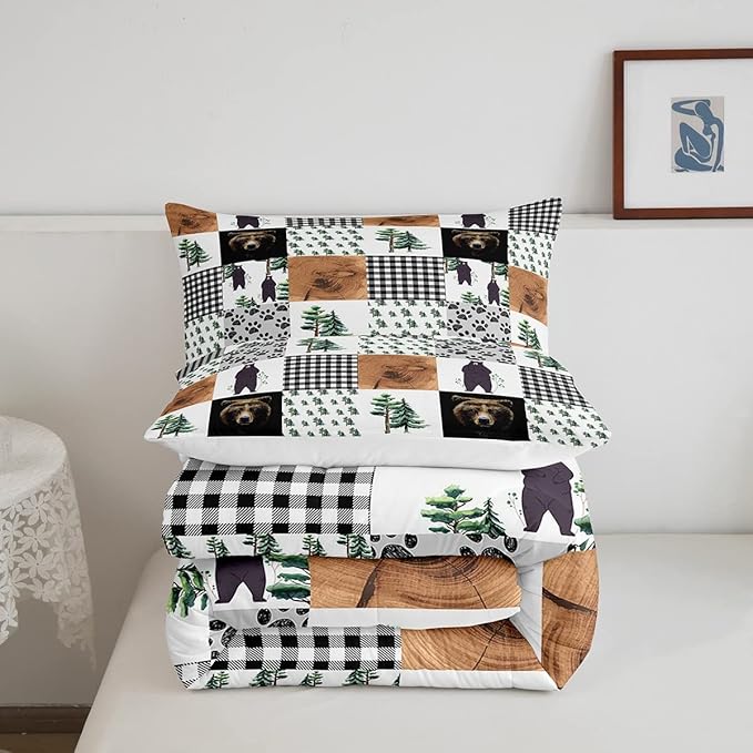 Kids Rustic Black Bear Comforter Set King Woodland Animal Bedding Set For Boys Teen Men,Patchwork Black White Grey Buffalo Plaid Comforter Farmhouse Wooden Pine Tree Bear Paw Quilt Duvet 3 Pcs
