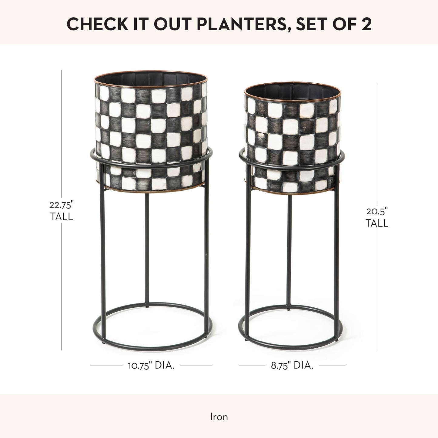 MACKENZIE-CHILDS Set of 2 Check It Out Metal Planters, Black-and-White Garden Planter