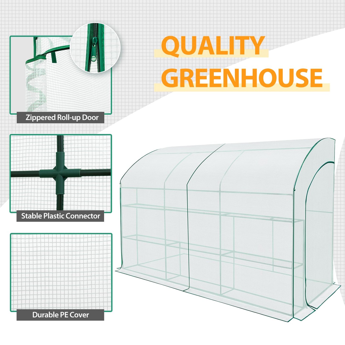 EAGLE PEAK 3 Tier Lean to Portable Greenhouse, Heavy-Duty Indoor & Outdoor Garden with Wire Shelves, 2 Roll-Up Zipper Doors, Easy Assembly, 120"x60"x84" Clear/White PE Cover