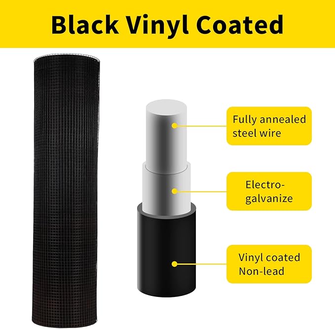Hardware Cloth PVC Coated Wire Mesh 48'' x 50' 1/4inch Mesh Black Vinyl Coated Fence Chicken Wire Fencing 19 Gauge Chain Link Fence for Chicken Coop,Animal Control,Gutter Guard, and Home Improvement…