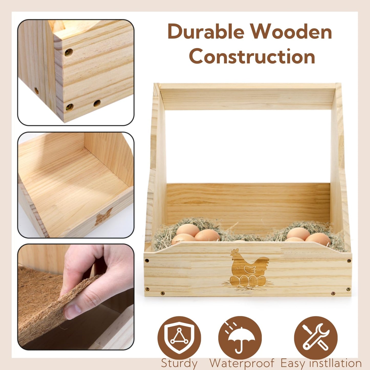 YIMITEE Chicken Nesting Box, 15"x13.5"x15" Wooden Chicken Coop with Pad, Wall-Mounted Nest Box for Laying Eggs, Large Single Compartment Hen Laying Boxes for Duck, Bird, Dove, Poultry, Farm
