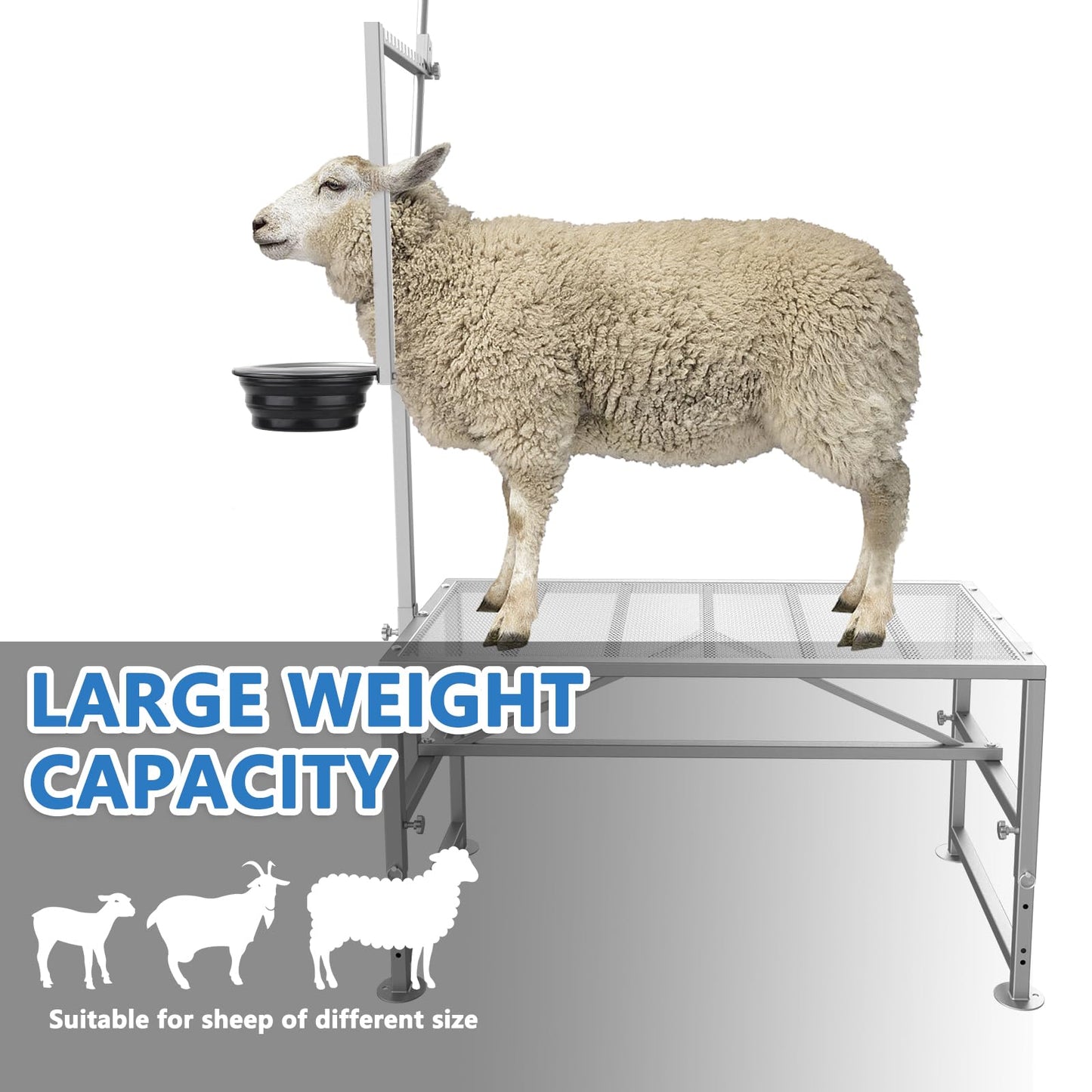 Lezbanz 600 LBs Goat Stand with Feed Bin, Goat Milking Livestock Stand for Sheep Trimming and Milking, for Hoof Trimming, with Feeder, Adjustable Size, Iron Silver