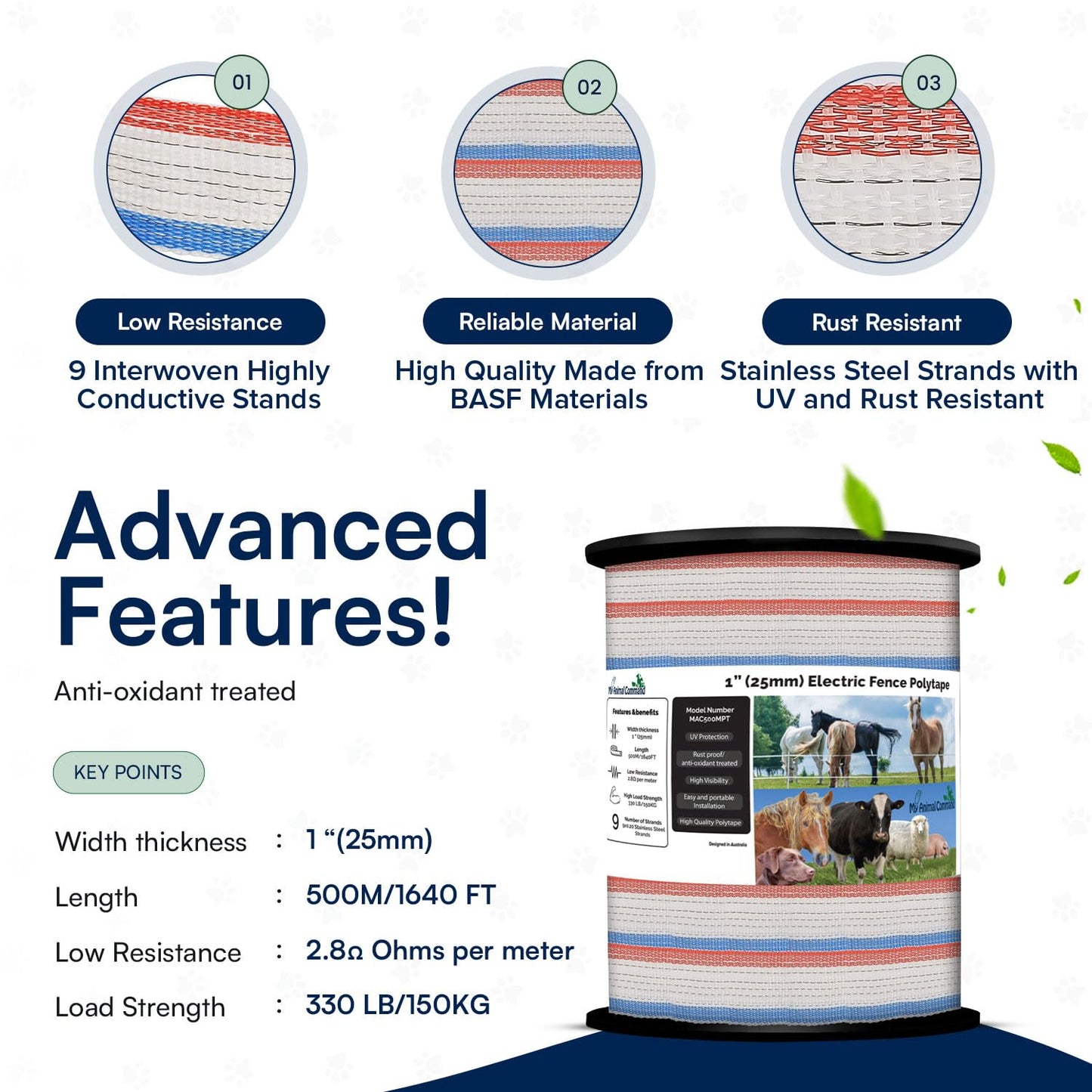 My Animal Command 1 Inch Wide Electric Fence Polytape for Containment of Livestock, Horses Farm Animals Garden Deer Hot Wire with High Visibility - 1640 Feet/500 Meter Length Drums