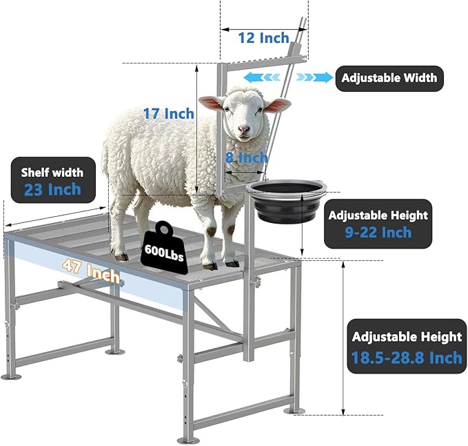 600 LBs Goat Stand with Feed Bin, Goat Milking Livestock Stand for Sheep Trimming and Milking, for Hoof Trimming, with Feeder, Adjustable Size, Iron Silver
