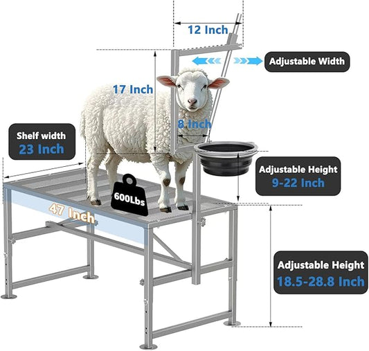 600 LBs Goat Stand with Feed Bin, Goat Milking Livestock Stand for Sheep Trimming and Milking, for Hoof Trimming, with Feeder, Adjustable Size, Iron Silver