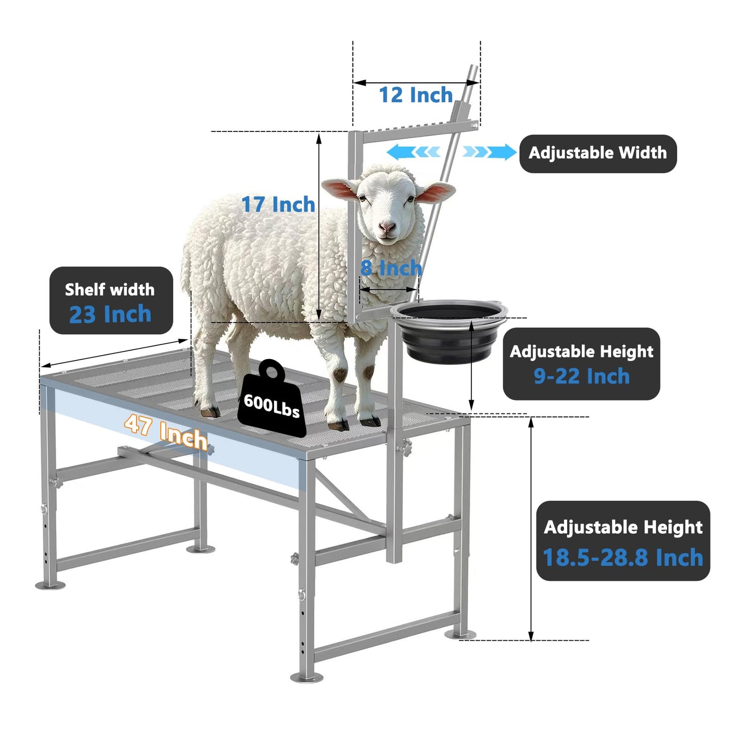 Lezbanz 600 LBs Goat Stand with Feed Bin, Goat Milking Livestock Stand for Sheep Trimming and Milking, for Hoof Trimming, with Feeder, Adjustable Size, Iron Silver