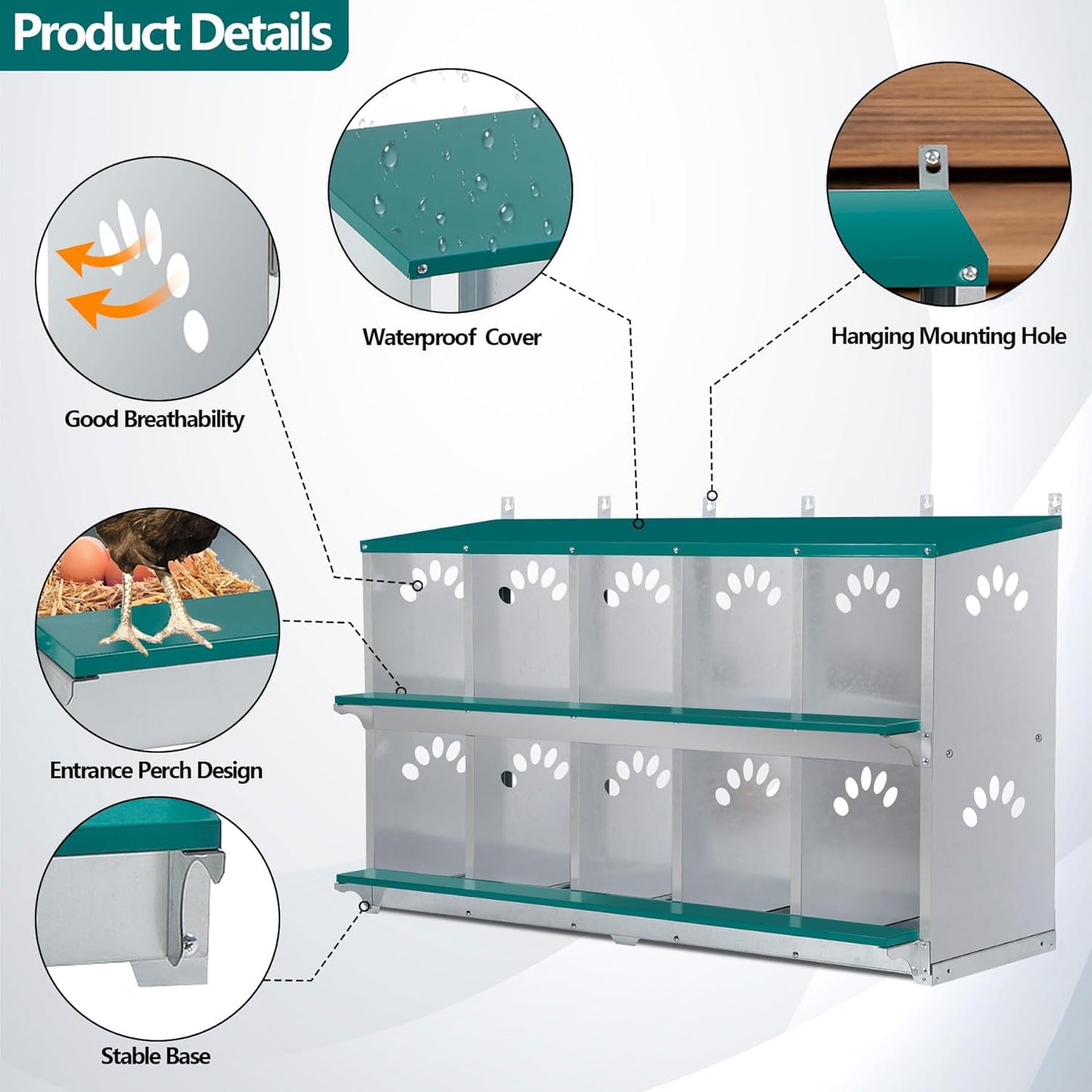 Toriexon Chicken Nesting Box, 10 Compartment Nesting Box, 10 Room Metal Nesting Boxes for Chicken, Green