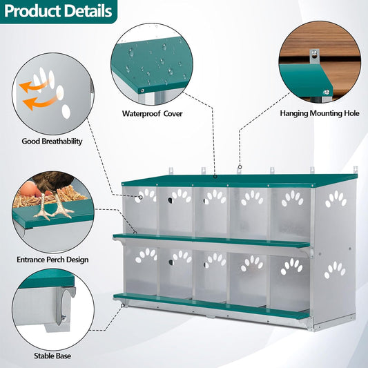 Toriexon Chicken Nesting Box, 10 Compartment Nesting Box, 10 Room Metal Nesting Boxes for Chicken, Green