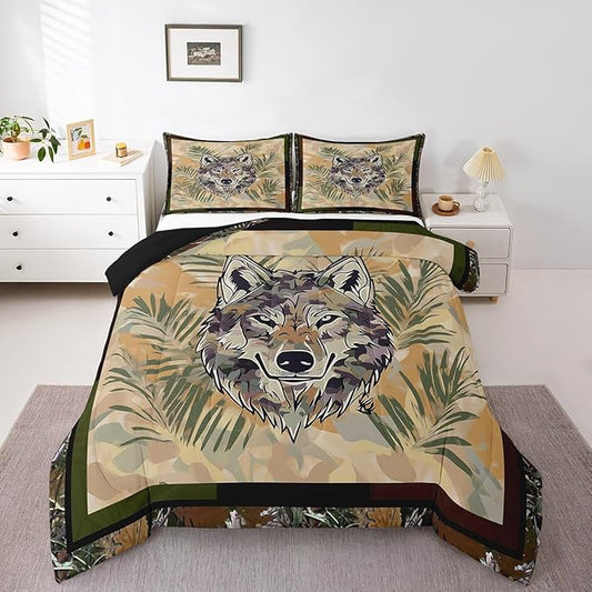 Erosebridal Fox Comforter Set King Size Woodland Camo Down Comforter Army Green Camouflage Wild Animal Bedding Set for Boys Teen Men,Wildlife Nature Tree Branch Quilt Duvet with 2 Pillow Cases