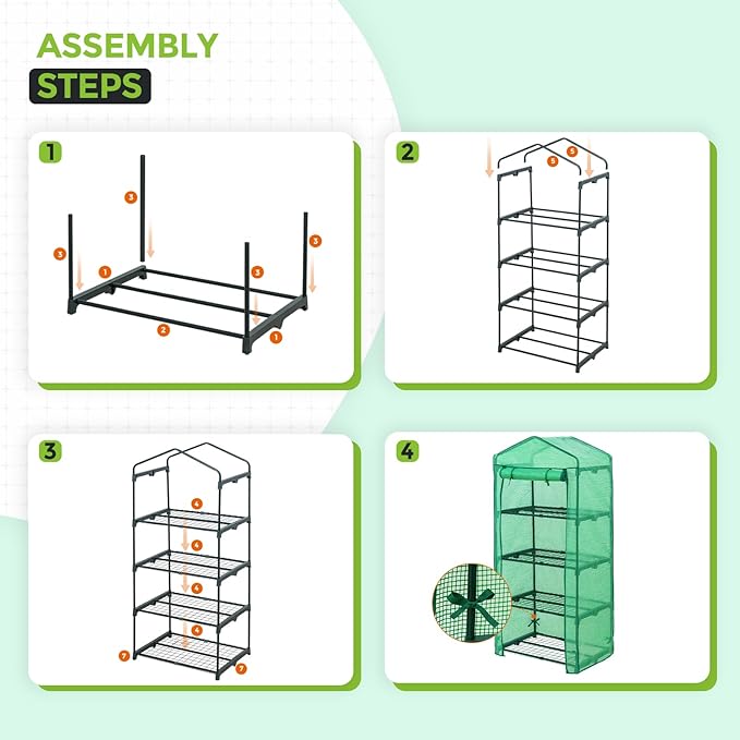 EAGLE PEAK Mini Greenhouse with Wire Shelves, Portable Indoor & Outdoor Green House with Roll-Up Zipper Door, 4 Tier, 27.2"x19.3"x64.2", Clear/Green PE Cover