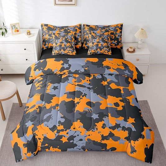 jejeloiu Orange Camouflage 7 Pieces Bedding Set King Size Camo Comforter Set with Sheets for Kids Boys Girls Decor Military Style Disruptive Pattern Abstract Geometric Bed in a Bag Soft Bedroom Decor