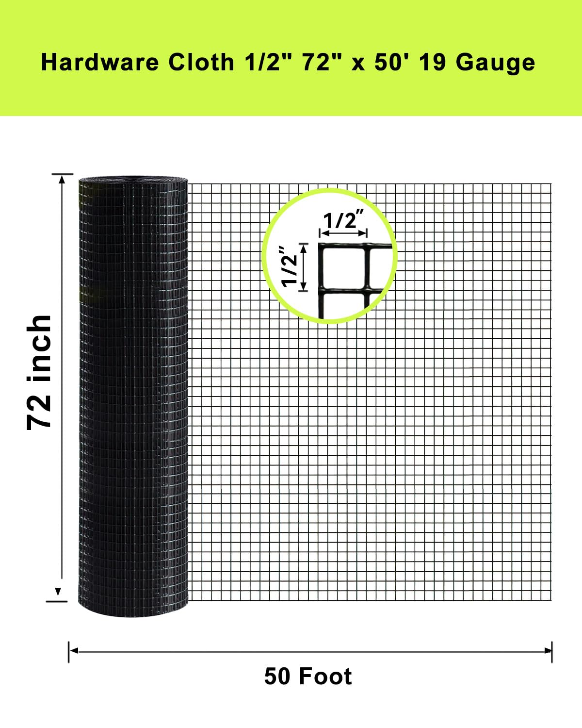 LAN JIA Black Hardware Cloth 72'' x 50' 1/2 inch Mesh 19 Gauge - PVC Coating Wire Mesh Rolls Vinyl Coated Wire Fence Roll Garden Fencing Chicken Run Mesh Screen