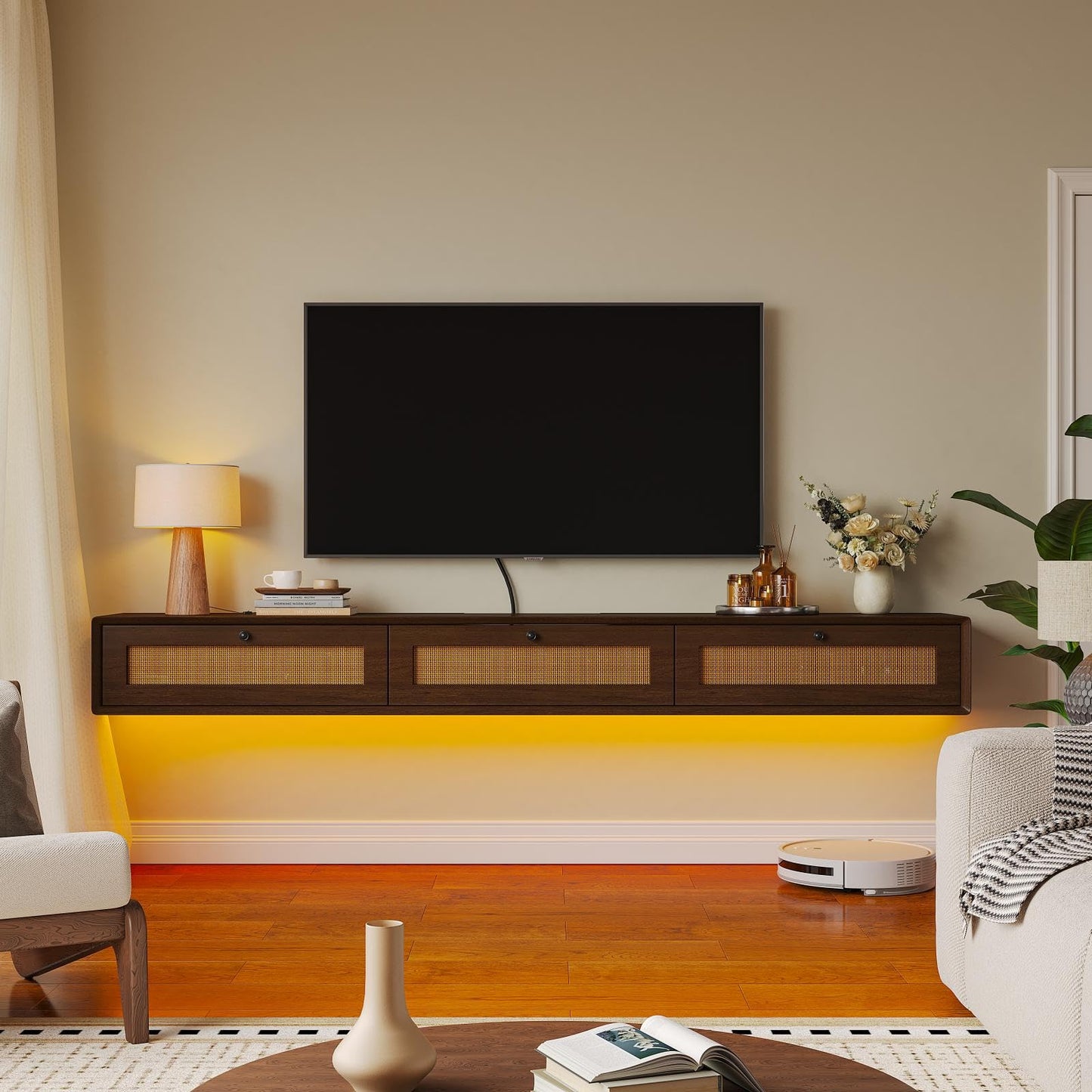 FloatiCasa Fully-Assembled Floating TV Stand with 3 Rattan Doors, Rustic Floating Entertainment Center Under TV Shelf, Modern Large Storage Wall Mounted Media Console for Living Room Bedroom 78IN