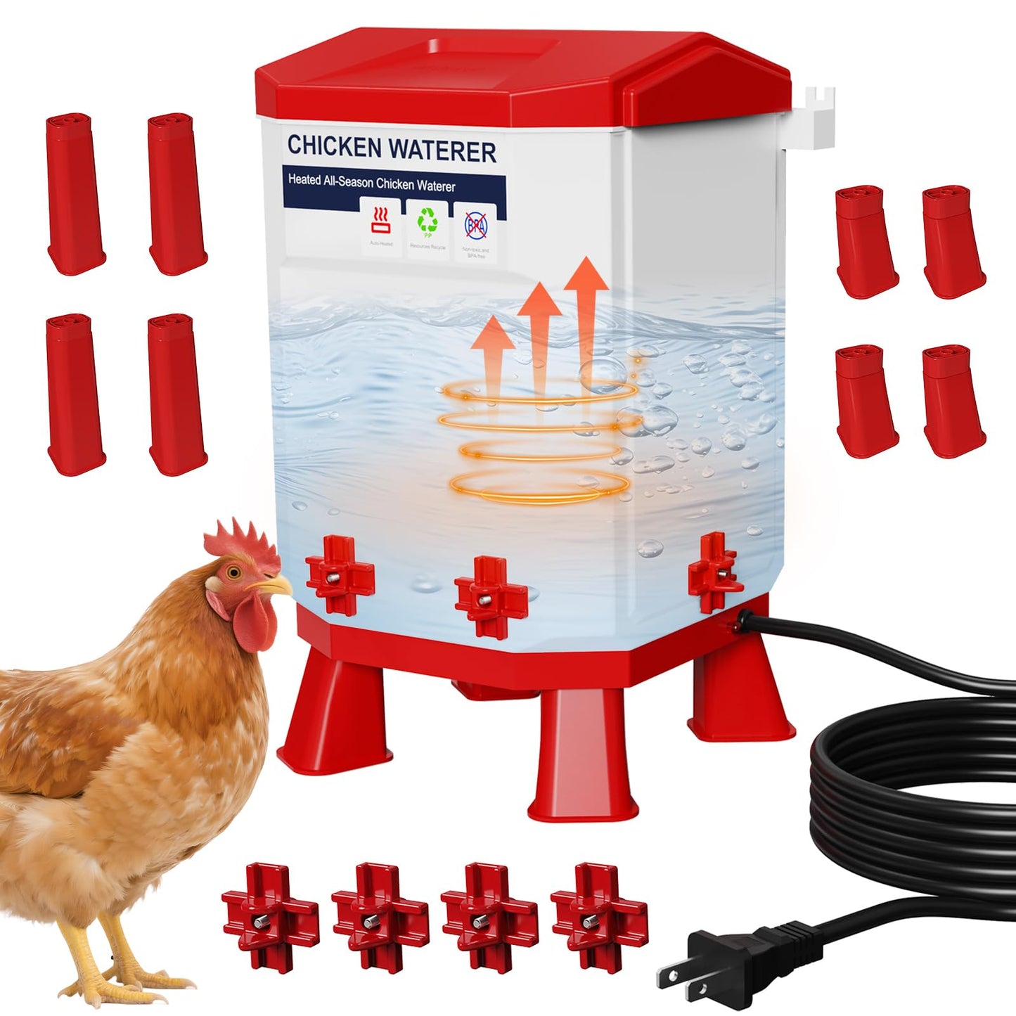 Nexum Heated Chicken Waterer - 2 Gallon Winter-Proof Poultry Drinker with Nipples and Stand, Auto Thermostat for Chickens, Ducks & Quail - Freeze-Resistant, Easy Fill (Red, 2 Gallon)