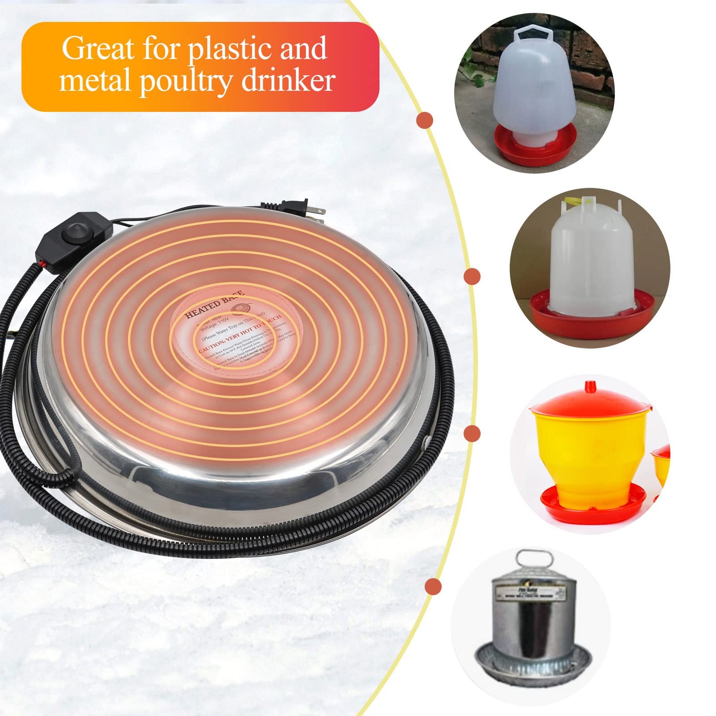 Chicken Waterer Heater,14 Inch Heated Chicken Waterer Base for Winter 5 Gallon with Anti-bite Cable for Poultry Fountains Water Bowl Plastic Metal Waterer