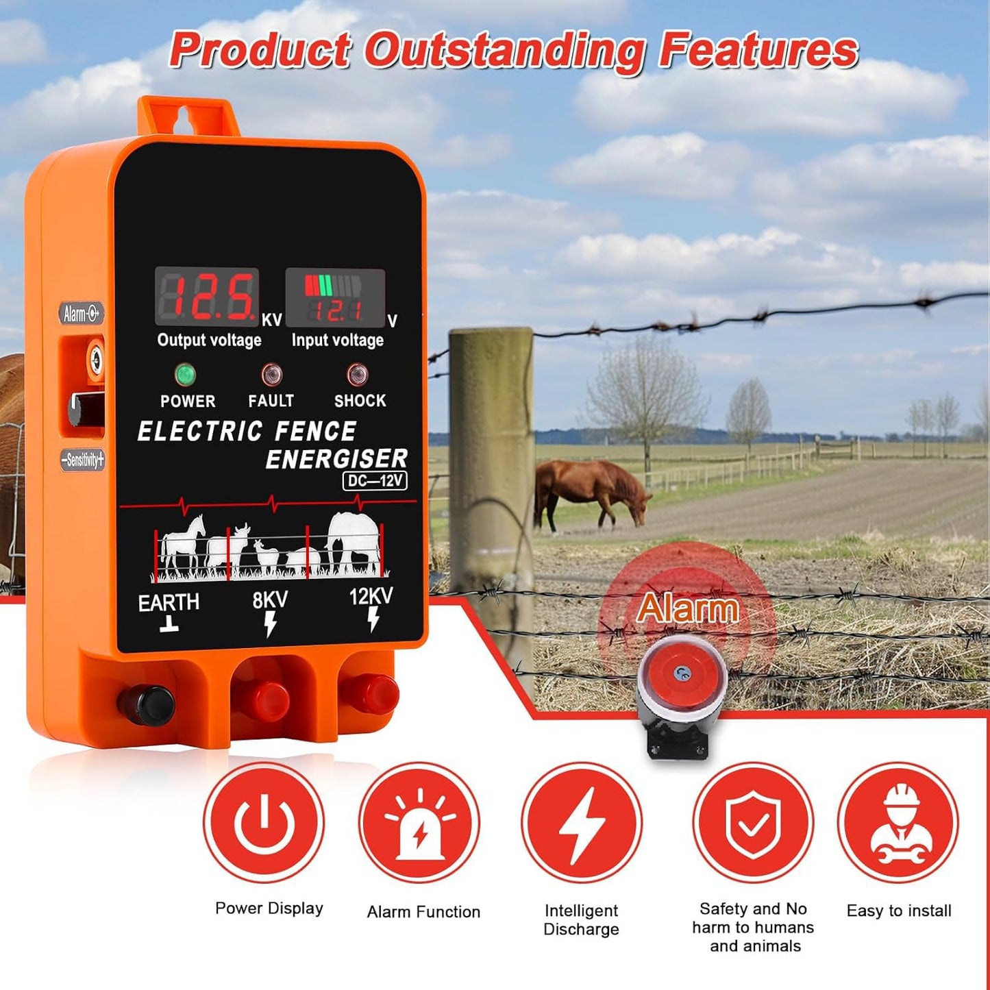 5.5J Electric Fence Charger Energizer, 5.5 Joules 10 Miles, AC DC 2 in 1 Powered Supply, Input 12V Output 8 KV or 12KV, with Display and Alarm, Contain Cattle Cow and Livestock, No Remote