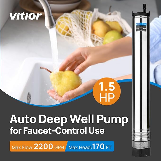 1.5HP Automatic Deep Well Pump, 2200GPH Submersible Well Pump 170FT Stainless Steel Deep Well Submersible Water Pump 72FT Power Cord High Pressure for Home Irrigation Garden Use