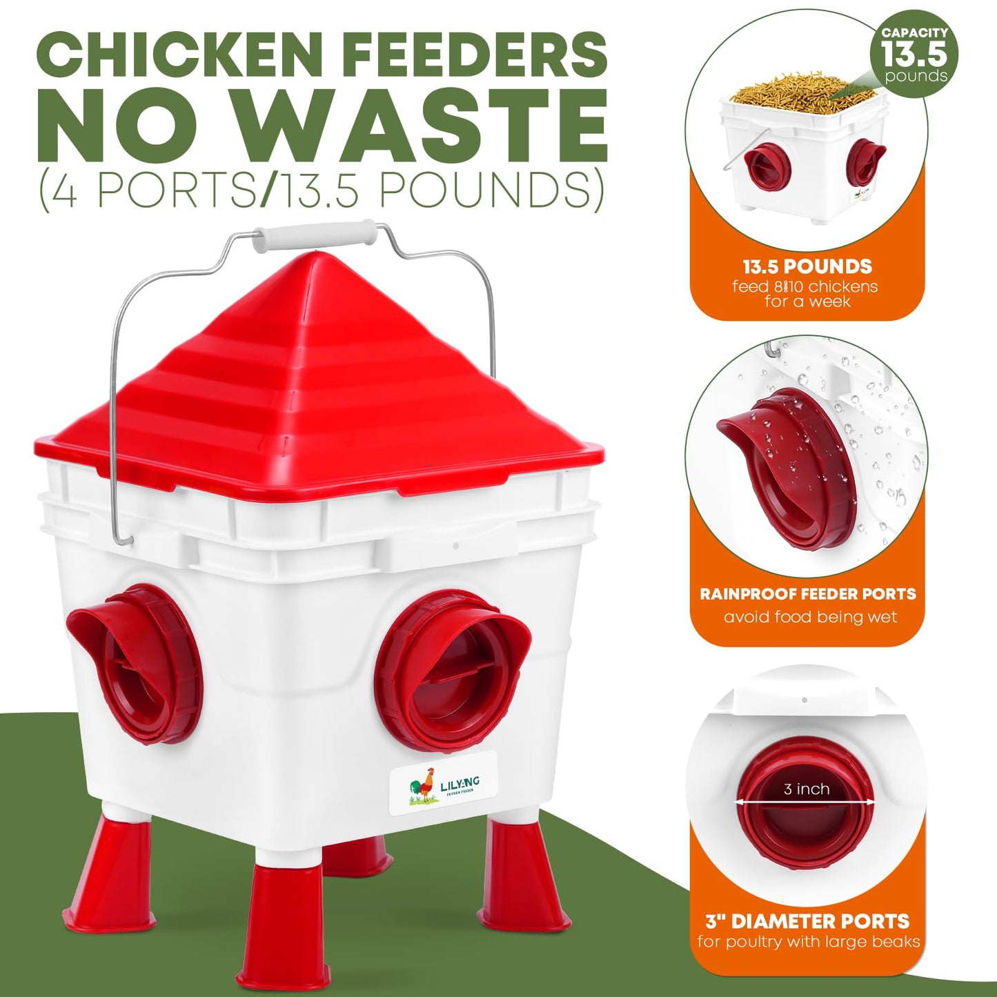 Lilyang Standing Chicken Feeders and Chicken Waterers, 2.5 Gallon Chicken Water Feeder with 4 Cups, 13.5 lb Automatic Chicken Feeder No Waste, for 8-10 Adult Chickens or 10-15 Quails (Standing)