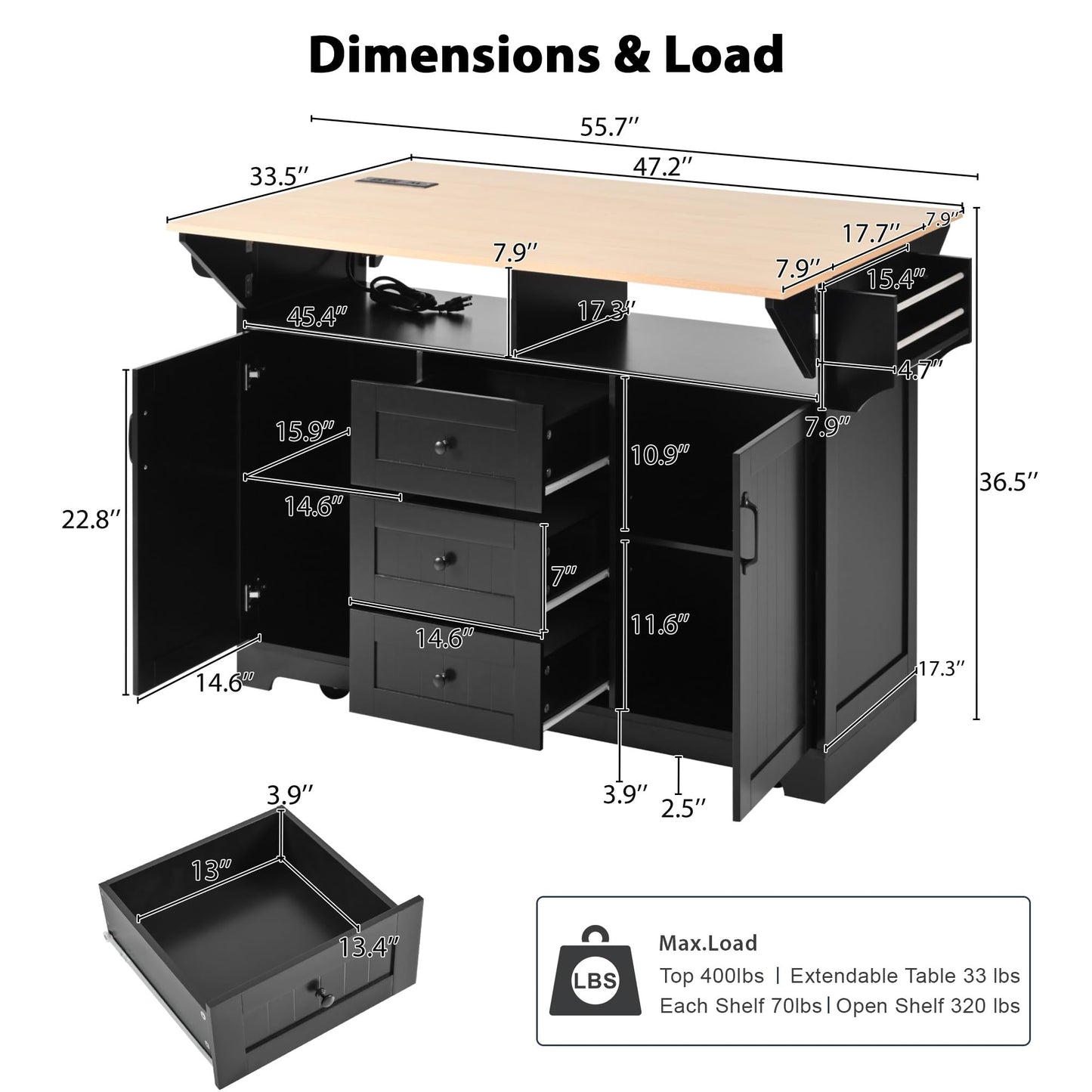 Merax 55.7" Large Kitchen Cart Island on Wheels Foldable Dining Table with 2 Drop Leaf,Power Outlet,3 Drawers,Wood Frame Storage Cabinet