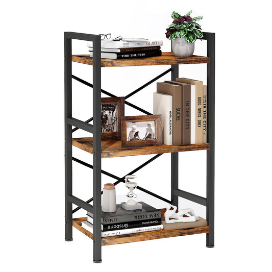 Homeiju Bookshelf, 3 Tier Industrial Bookcase, Metal Small Bookcase, Rustic Etagere Book Shelf Storage Organizer for Living Room, Bedroom, and Home Office(Rustic Brown) Patent Pending D29873033