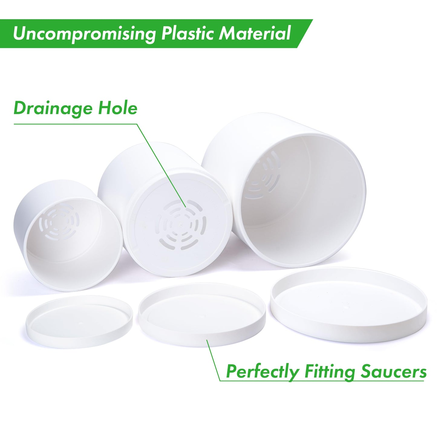 D'vine Dev 12 Inch 14 Inch 16 Inch, Set of 3 Plastic Planter Pots for Plants with Drainage Hole and Seamless Saucers, White Color, XXX-Large, 74-V-A-7