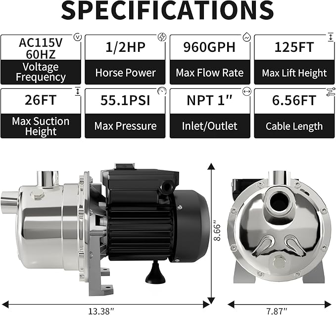 LANCHEZ 1/2 HP Shallow Well Garden Pump, Portable Stainless Steel Water Transfer Draining Irrigation Pump for Lawn Fountain, 960 GPH, 125 Feet Height