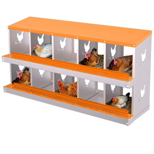 Chicken Nesting Boxes, 10-Hole Roll Away Nest Box for Chicken Coop, Metal Egg Laying Box with Perch & Lid Cover to Protect Eggs, Rollout Egg Collection, Vented Holes Orange