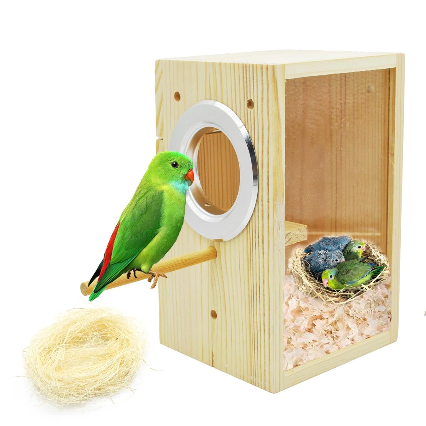 MUYG Parakeet Nesting Box,Transparent Bird Nest Boxs Natural Wooden Breeding Box with Coconut Fiber,Birds Cage House with Perch for Canary Budgies Gouldian Finch Cockatiel Conure and Other Small Birds